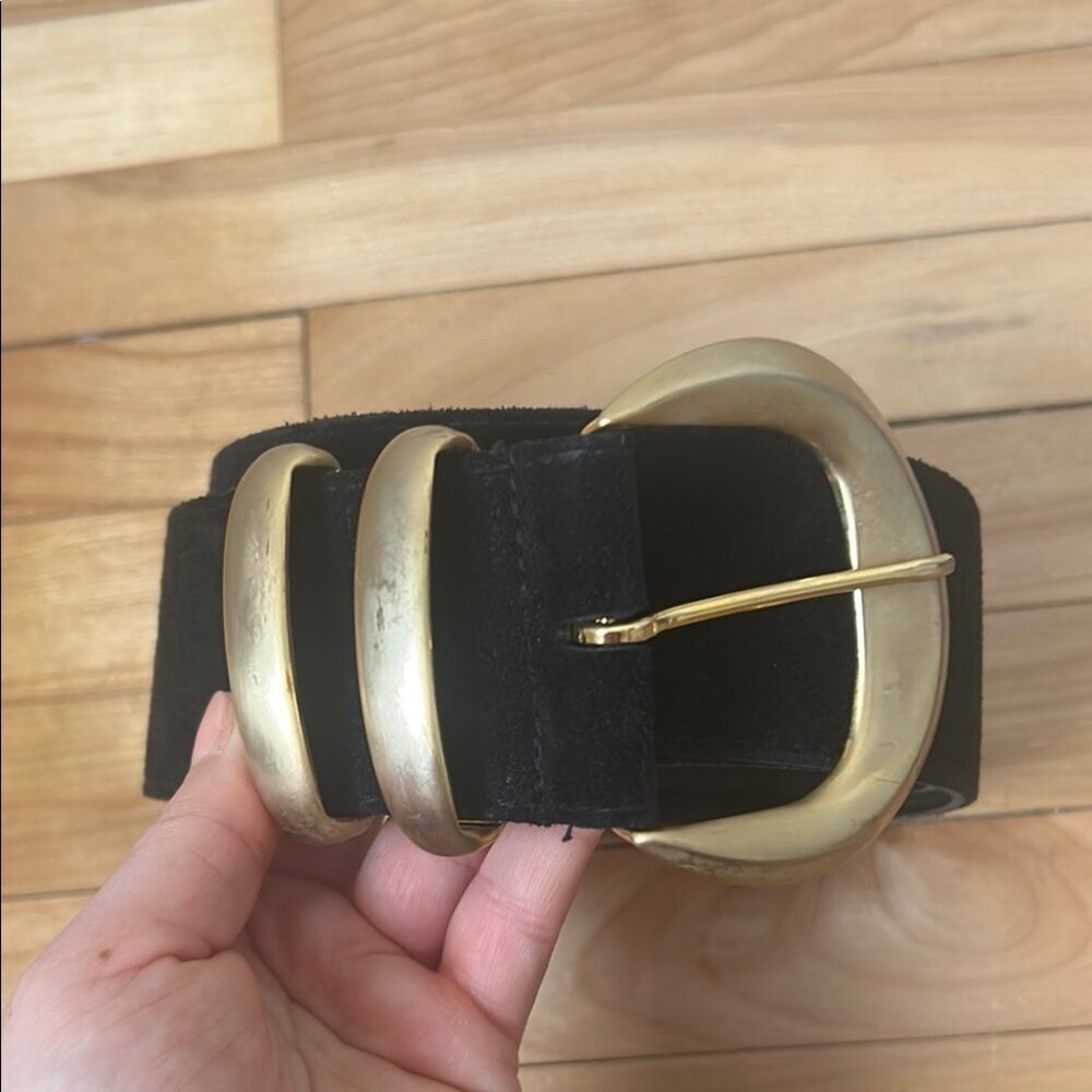 Vintage large gold buckle suede 100% leather belt made in Canada